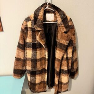 American Eagle Outfitters Women's Teddy Jacket - Brown and Cream Plaid